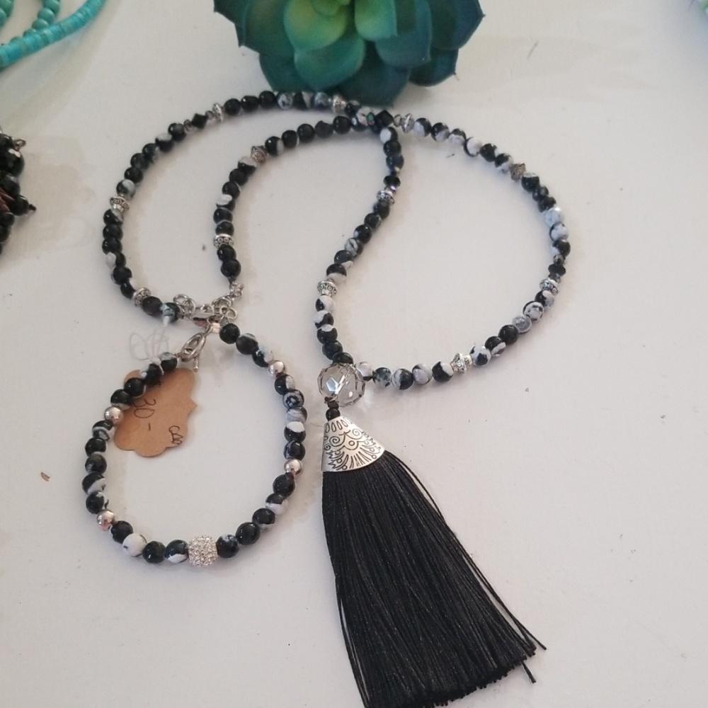 ZEBRA FACETED AGATE+STERLING silver  Necklace w/Pendant *NEW*